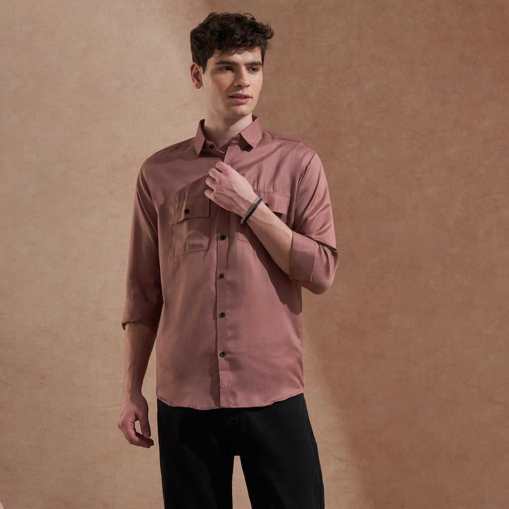 Men Rust Brown Solid Spread Collar Slim Fit Casual Shirt with Dual Flap Pockets