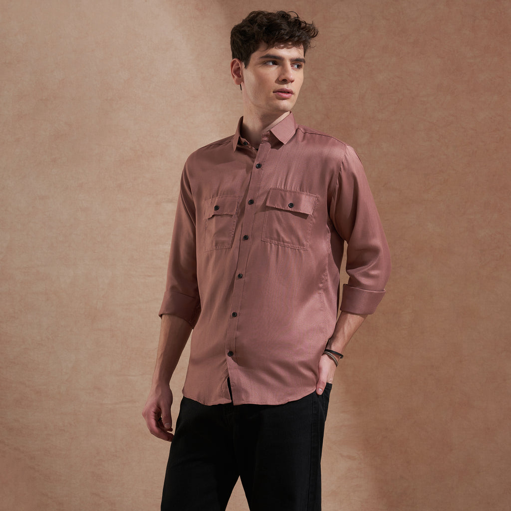 Men Rust Brown Solid Spread Collar Slim Fit Casual Shirt with Dual Flap Pockets