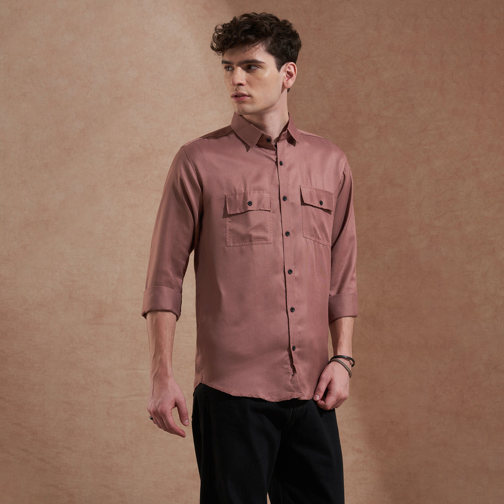Men Rust Brown Solid Spread Collar Slim Fit Casual Shirt with Dual Flap Pockets
