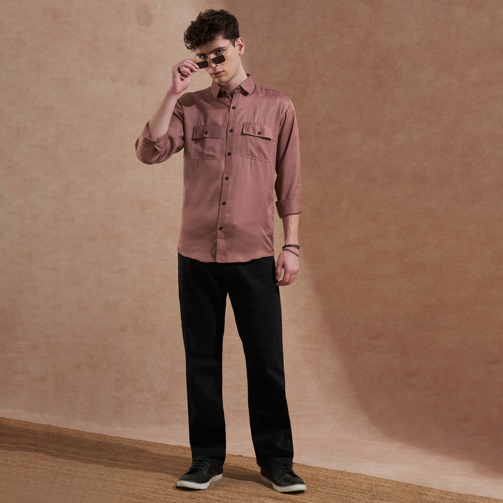 Men Rust Brown Solid Spread Collar Slim Fit Casual Shirt with Dual Flap Pockets