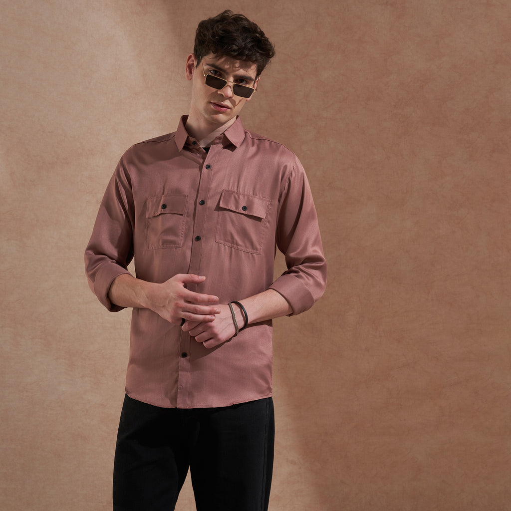 Men Rust Brown Solid Spread Collar Slim Fit Casual Shirt with Dual Flap Pockets