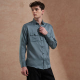 Men's Blue Solid Slim Fit Shirt with Dual Flap Pockets 2