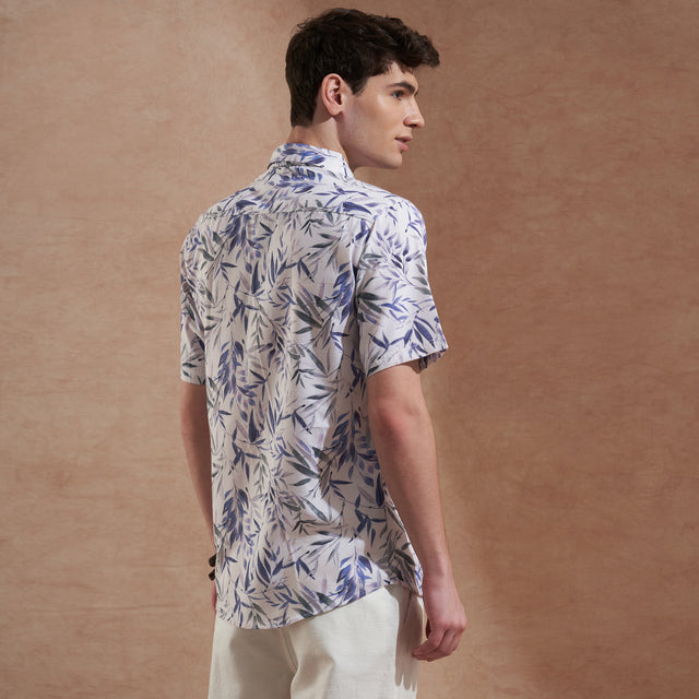 Men White & Blue Leaf Printed Slim Fit Casual Shirt Short Sleeve