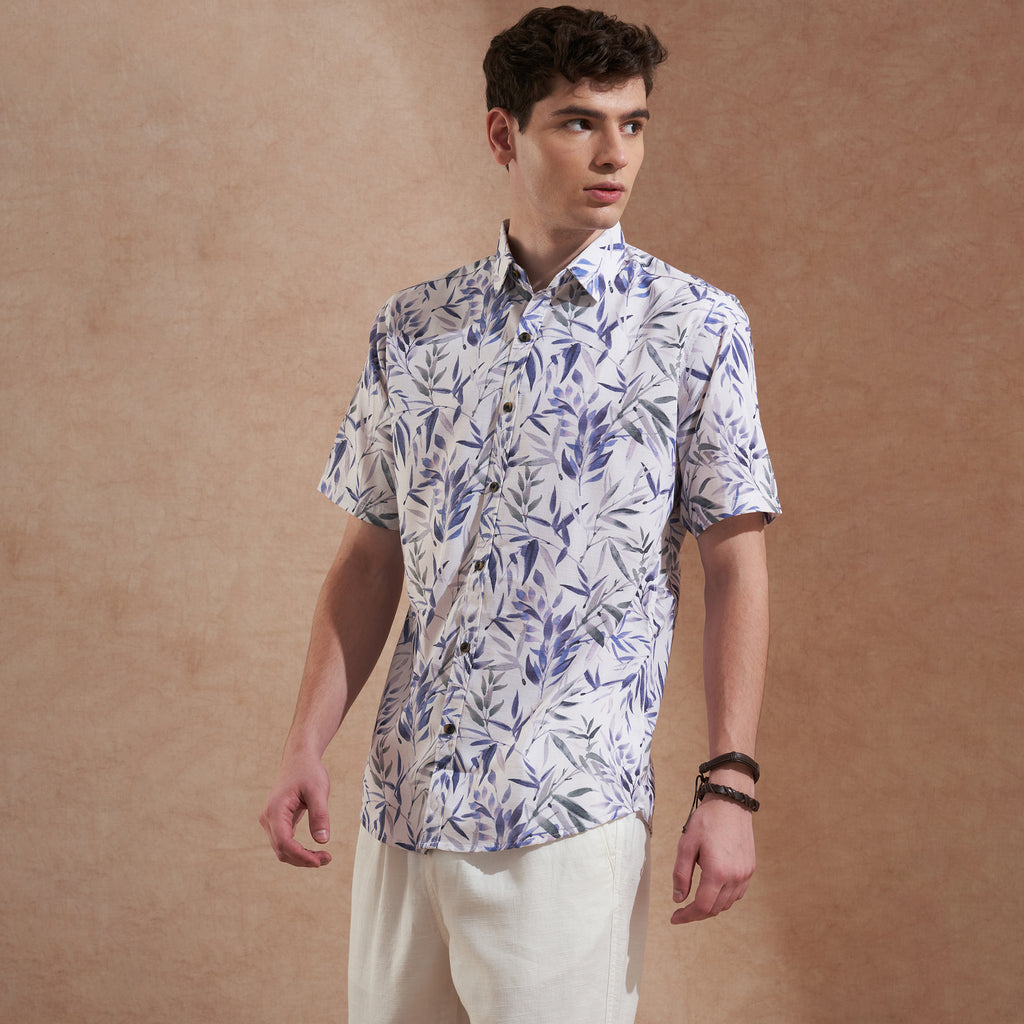 Men White & Blue Leaf Printed Slim Fit Casual Shirt Short Sleeve