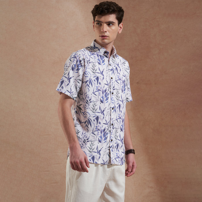 Men White & Blue Leaf Printed Slim Fit Casual Shirt Short Sleeve 2