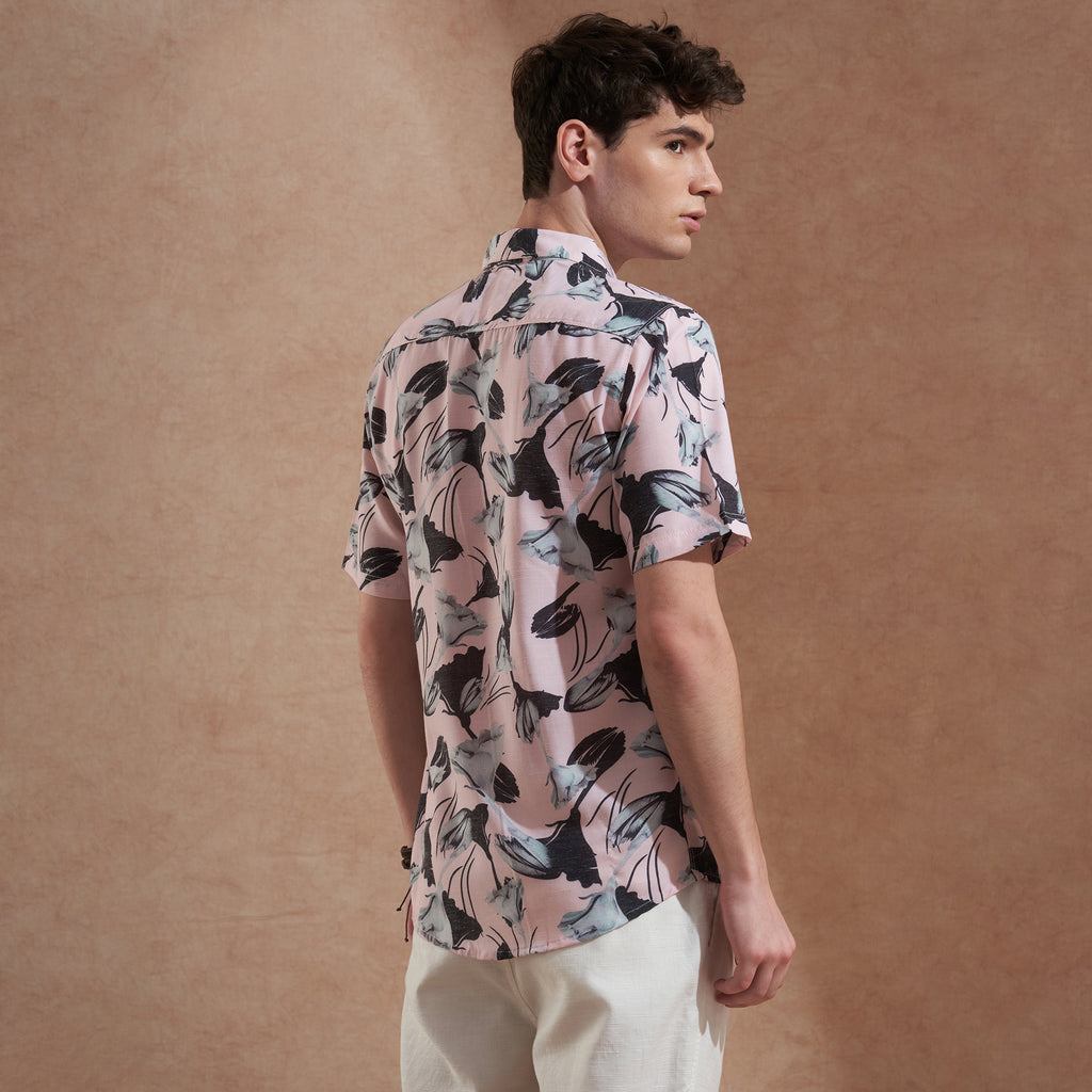 Men Pink Floral Printed Slim Fit Casual Shirt Short Sleeve