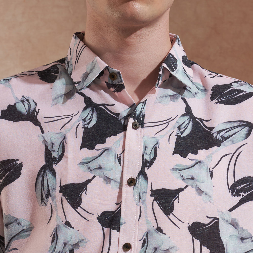 Men Pink Floral Printed Slim Fit Casual Shirt Short Sleeve