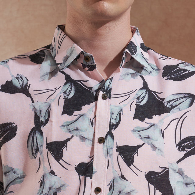 Men Pink Floral Printed Slim Fit Casual Shirt Short Sleeve