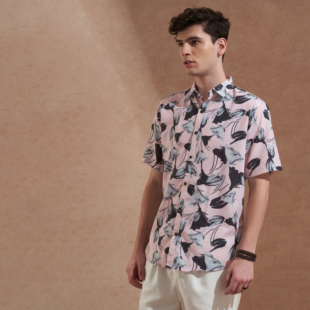 Men Pink Floral Printed Slim Fit Casual Shirt Short Sleeve
