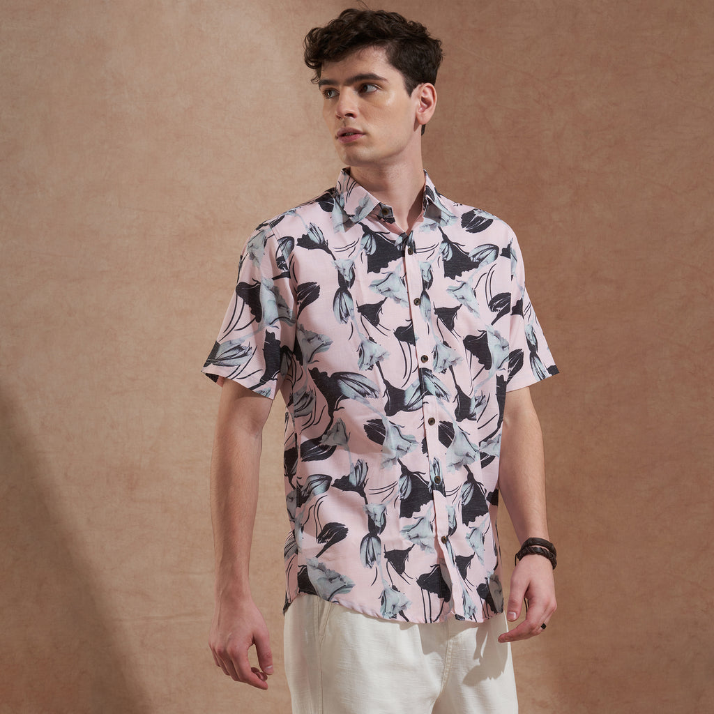 Men Pink Floral Printed Slim Fit Casual Shirt Short Sleeve