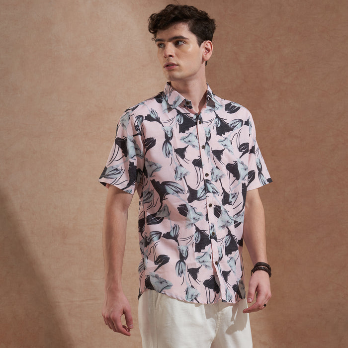 Men Pink Floral Printed Slim Fit Casual Shirt Short Sleeve 2