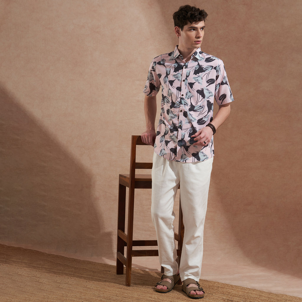 Men Pink Floral Printed Slim Fit Casual Shirt Short Sleeve