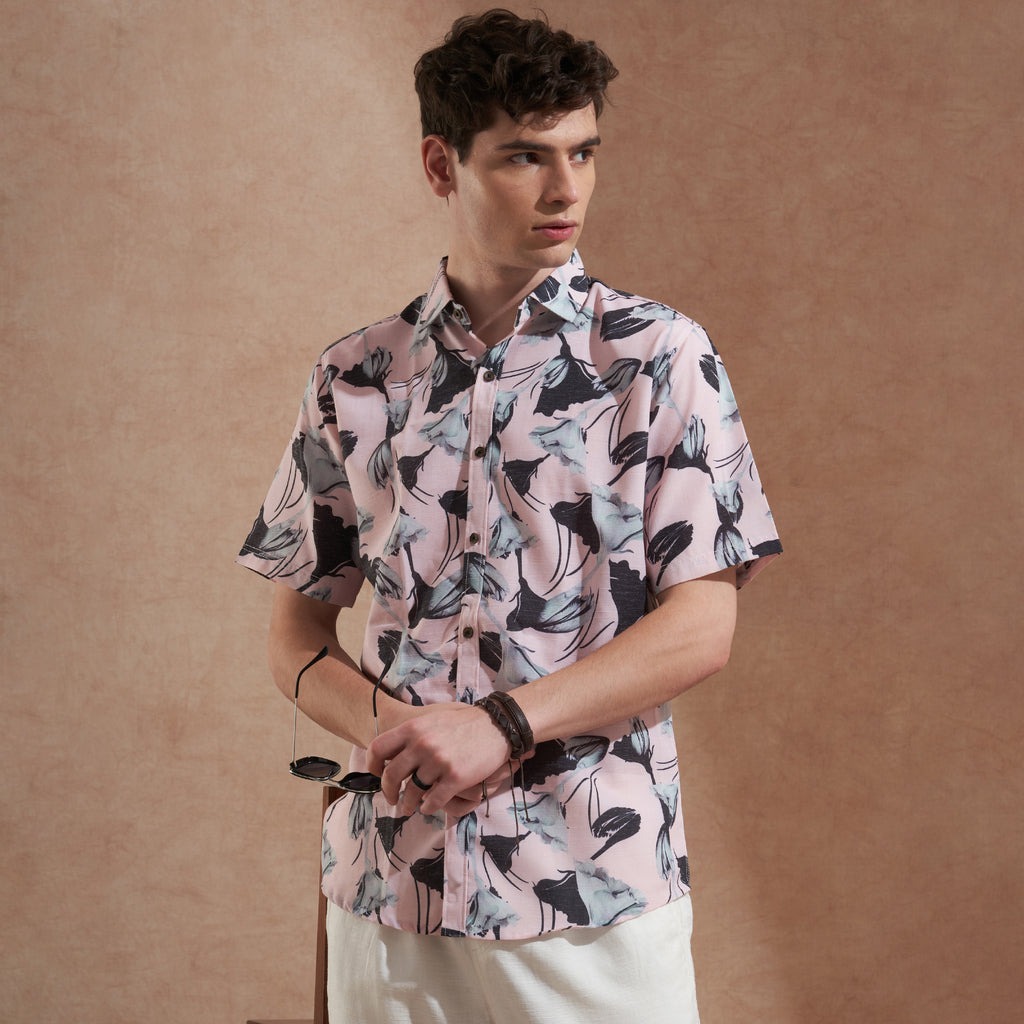 Men Pink Floral Printed Slim Fit Casual Shirt Short Sleeve