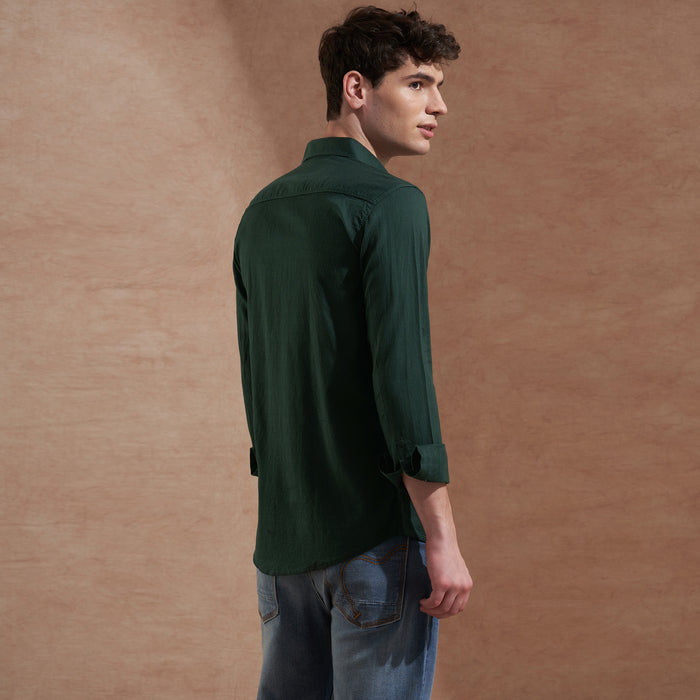 Men Dark Green Solid Spread Collar Slim Fit Casual Shirt 2