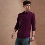Men Dark Purple Solid Spread Collar Slim Fit Casual Shirt 5