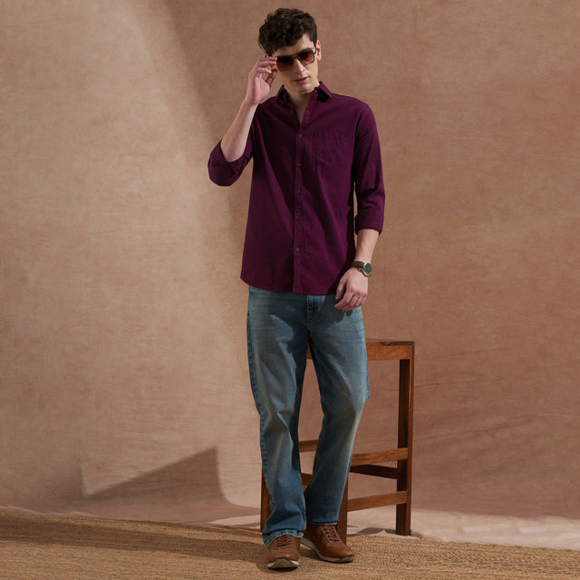 Men Dark Purple Solid Spread Collar Slim Fit Casual Shirt — TryBuy®