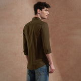 Men Olive Green Solid Spread Collar Slim Fit Casual Shirt 3