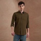 Men Olive Green Solid Spread Collar Slim Fit Casual Shirt 5