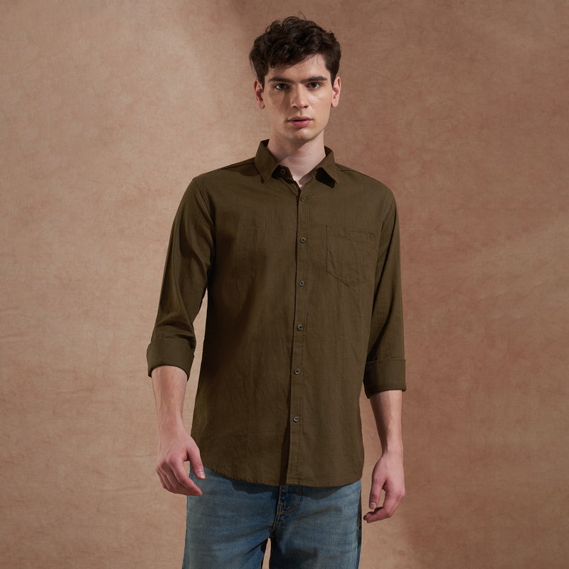 Men Olive Green Solid Spread Collar Slim Fit Casual Shirt 5