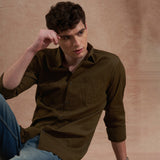 Men Olive Green Solid Spread Collar Slim Fit Casual Shirt 1