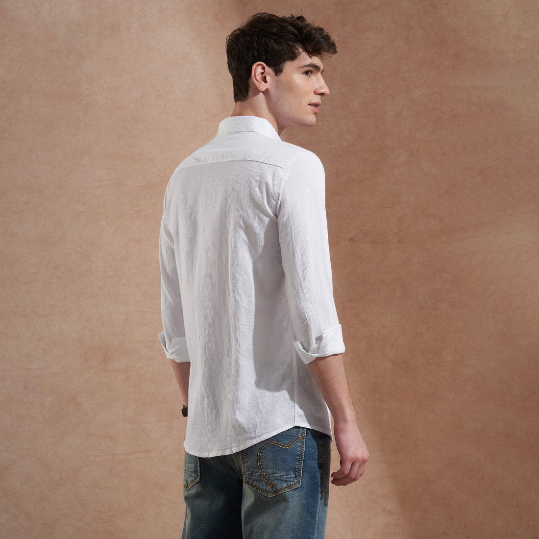Men's white solid slim-fit shirt with spread collar, product view