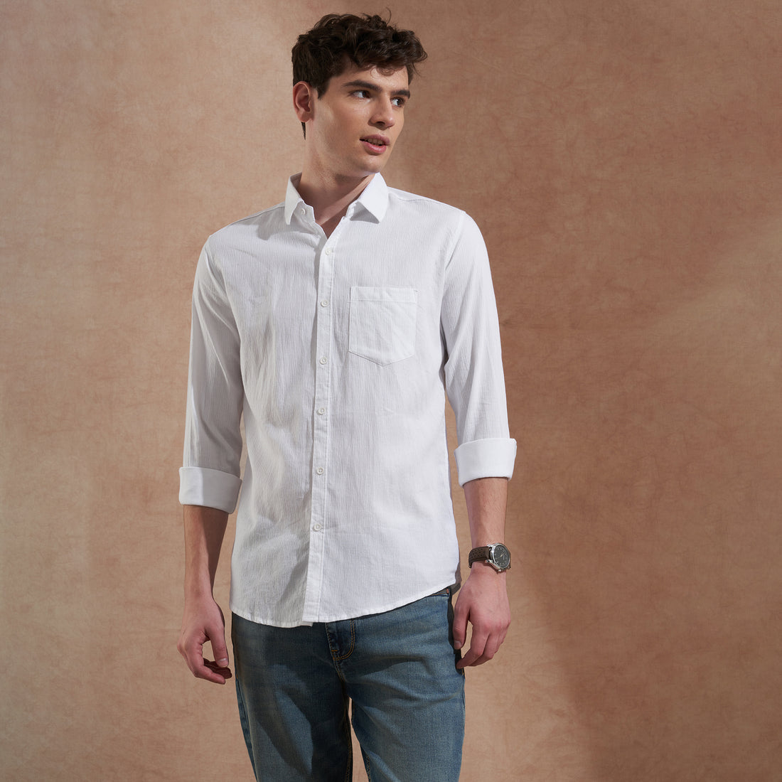 Men's white solid slim-fit shirt with spread collar, product view