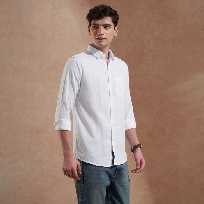 Men's White Solid Spread Collar Slim Fit Casual Shirt 2