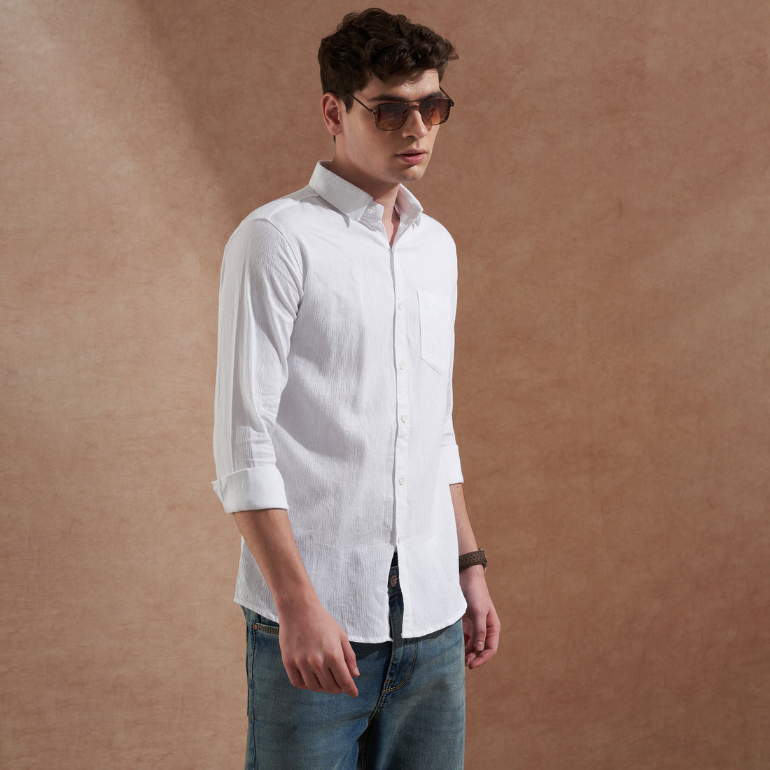 Men's white solid slim-fit shirt with spread collar, product view