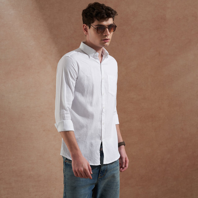 Men's white solid slim-fit shirt with spread collar, product view