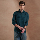 Men Dark Green Solid Spread Collar Slim Fit Casual Shirt with Dual Flap Pockets 3