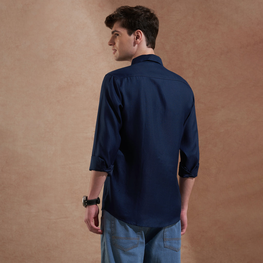 Men Navy Blue Solid Spread Collar Slim Fit Casual Shirt with Dual Flap Pockets