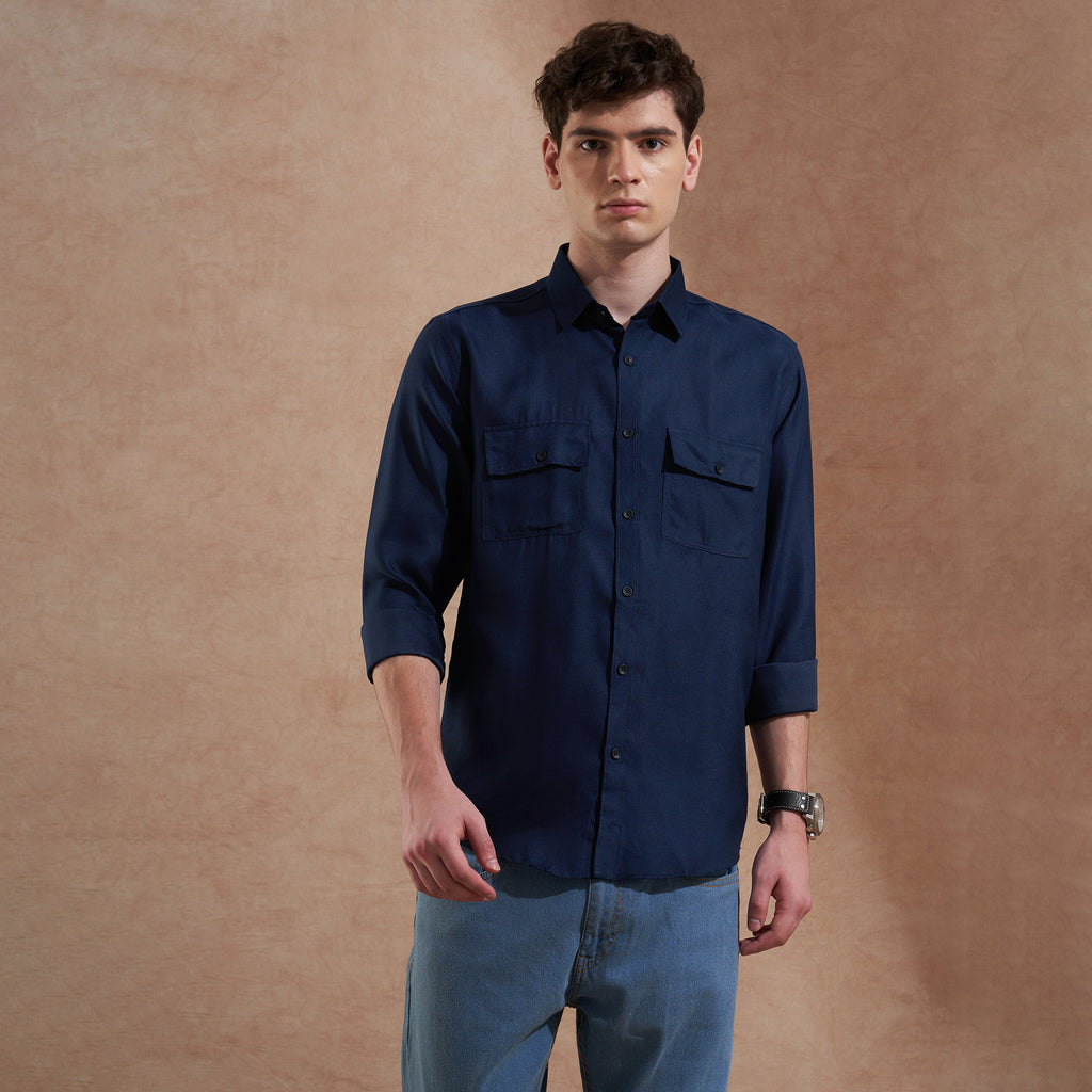 Men Navy Blue Solid Spread Collar Slim Fit Casual Shirt with Dual Flap Pockets
