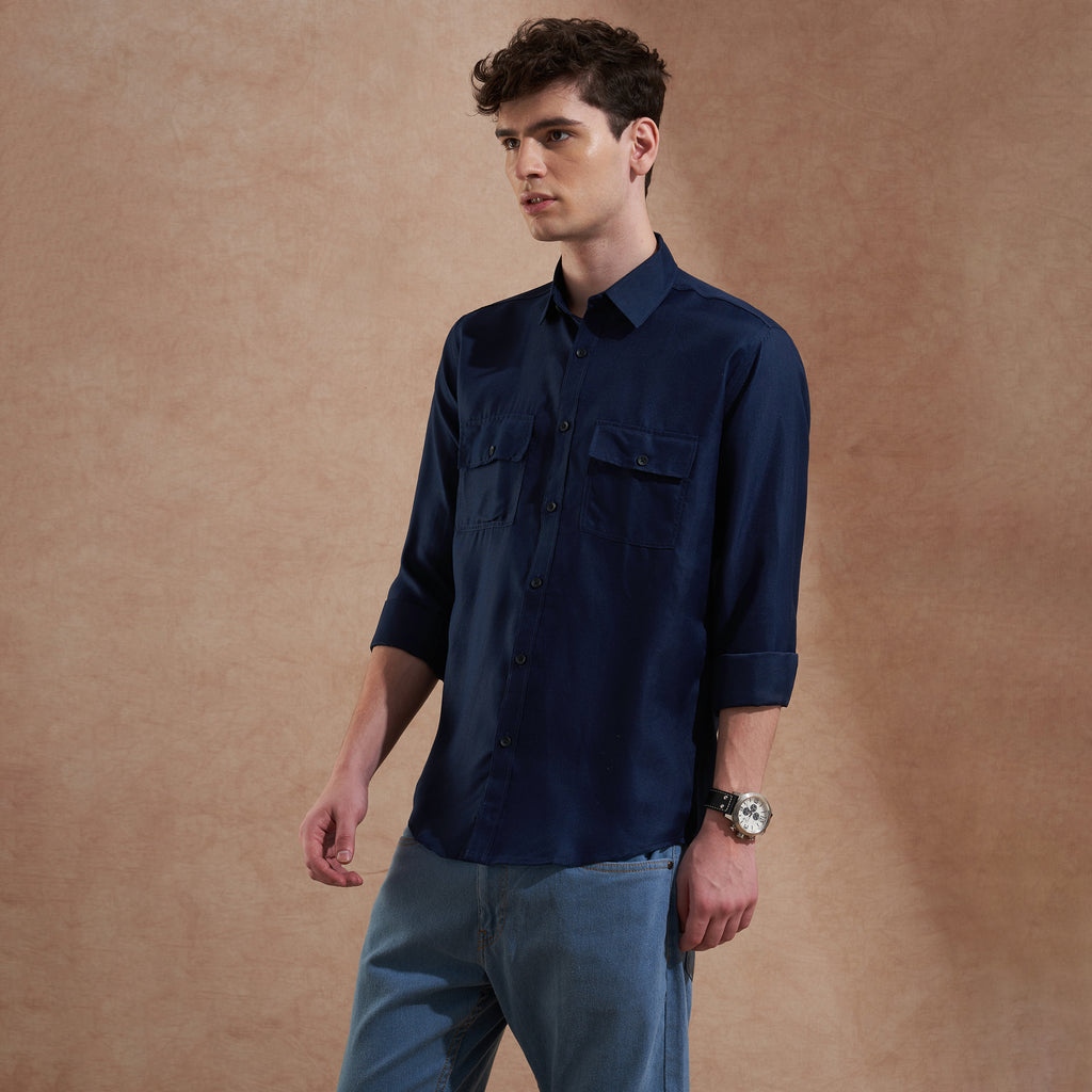 Men Navy Blue Solid Spread Collar Slim Fit Casual Shirt with Dual Flap Pockets