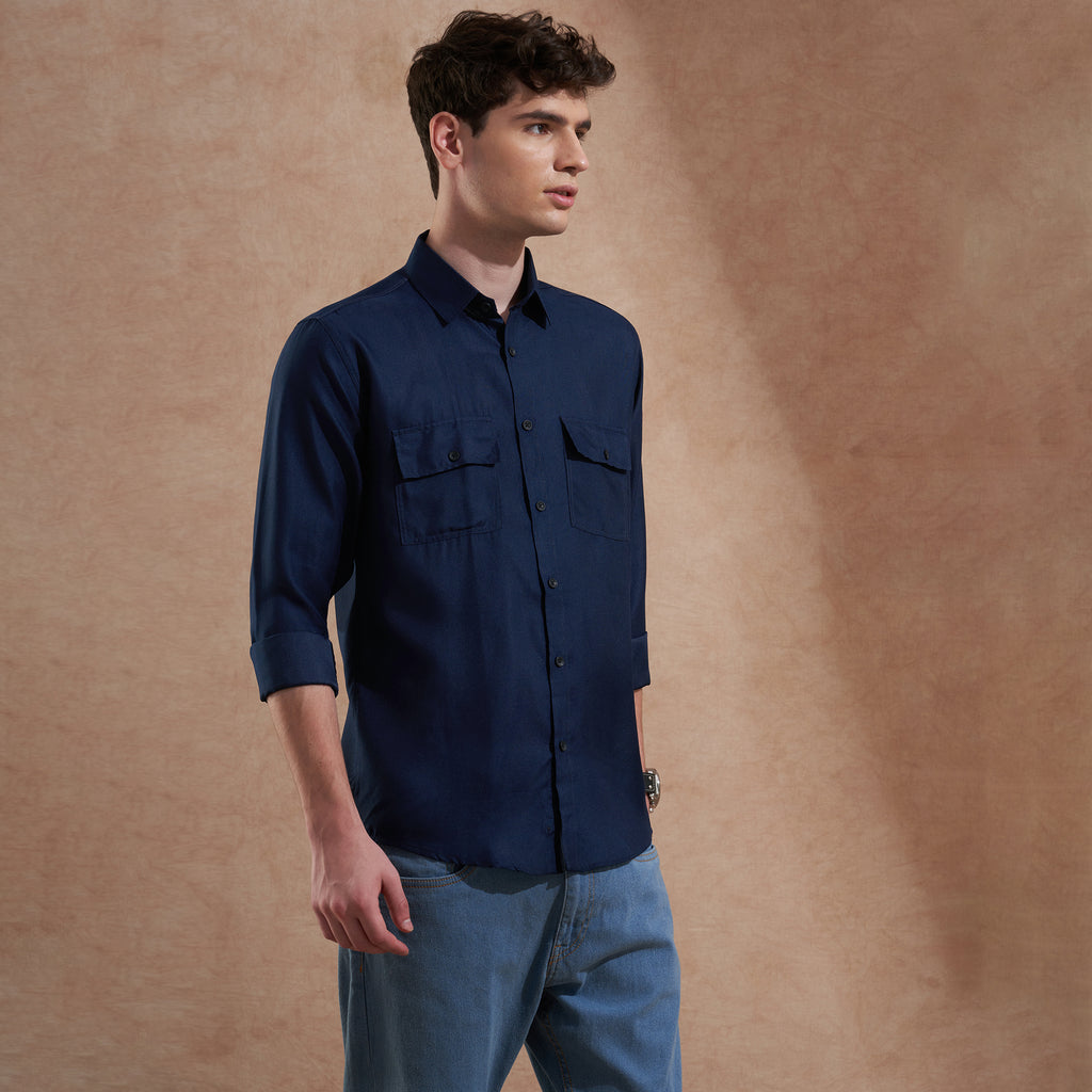 Men Navy Blue Solid Spread Collar Slim Fit Casual Shirt with Dual Flap Pockets