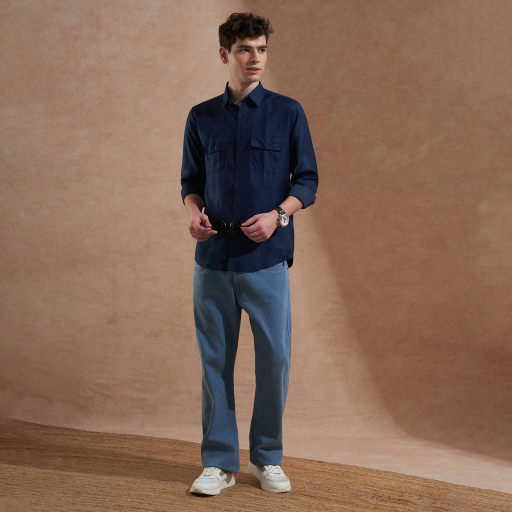 Men Navy Blue Solid Spread Collar Slim Fit Casual Shirt with Dual Flap Pockets