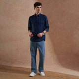 Men Navy Blue Solid Spread Collar Slim Fit Casual Shirt with Dual Flap Pockets 4