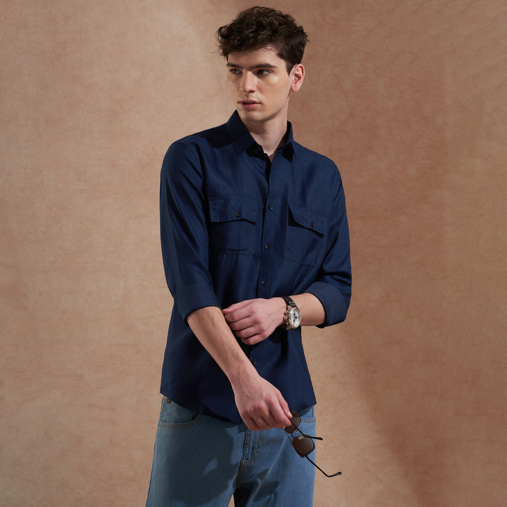 Men Navy Blue Solid Spread Collar Slim Fit Casual Shirt with Dual Flap Pockets