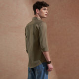 Men Olive Brown Solid Spread Collar Slim Fit Casual Shirt 3