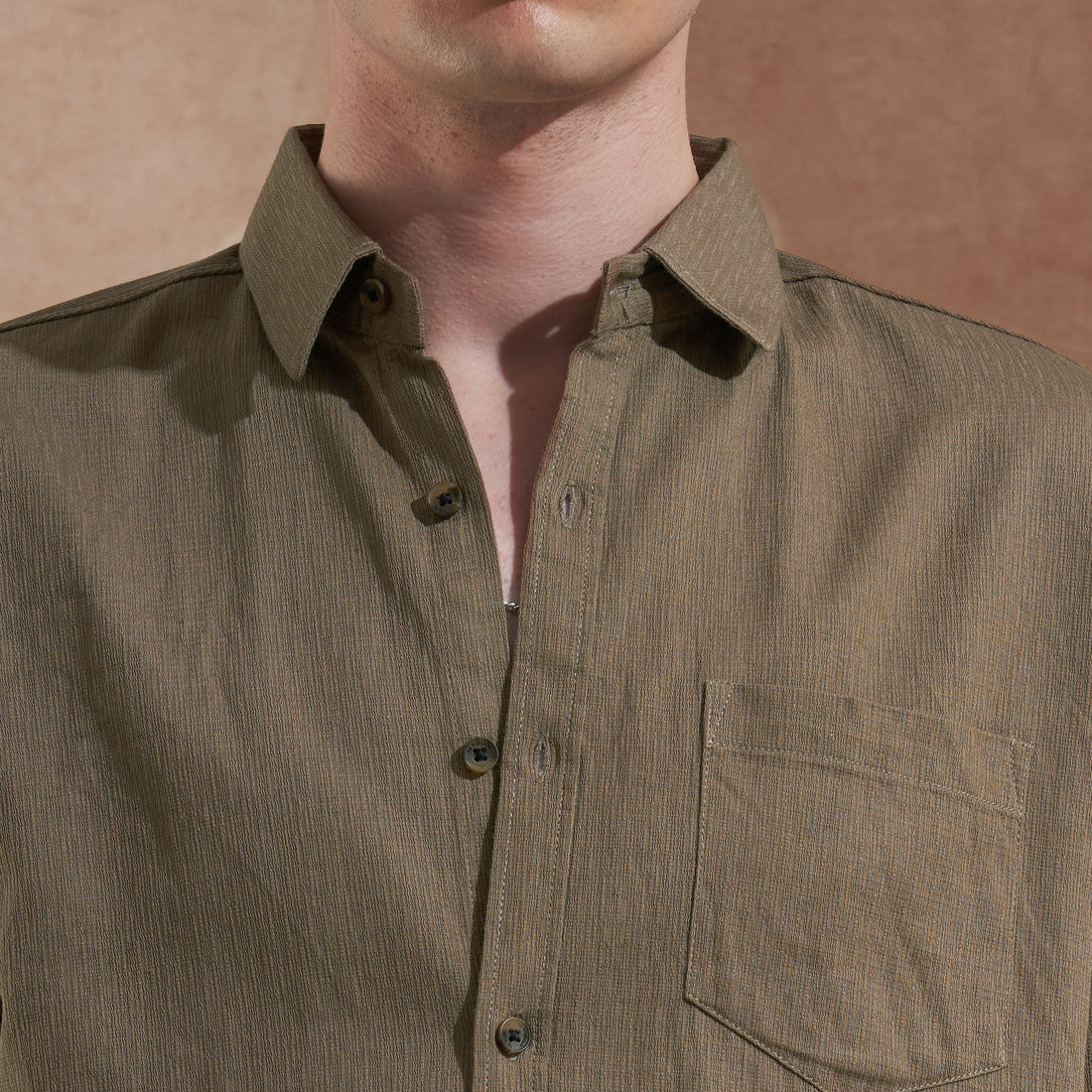 Men Olive Brown Solid Spread Collar Slim Fit Casual Shirt