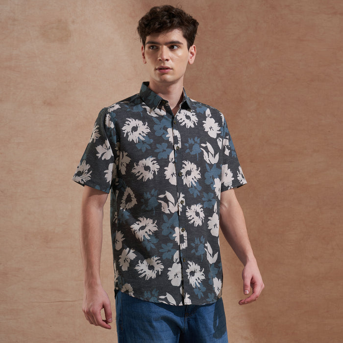 Men Charcoal Grey Floral Printed Slim Fit Casual Shirt Short Sleeve 2