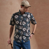 Men Charcoal Grey Floral Printed Slim Fit Casual Shirt Short Sleeve 1