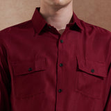 Men Burgundy Solid Spread Collar Slim Fit Casual Shirt with Dual Flap Pockets 3