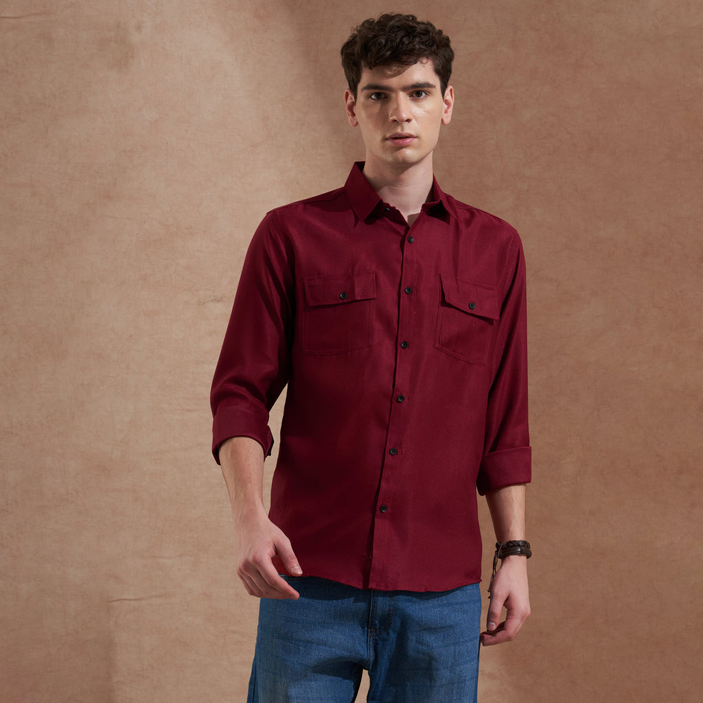 Men Burgundy Solid Spread Collar Slim Fit Casual Shirt with Dual Flap Pockets