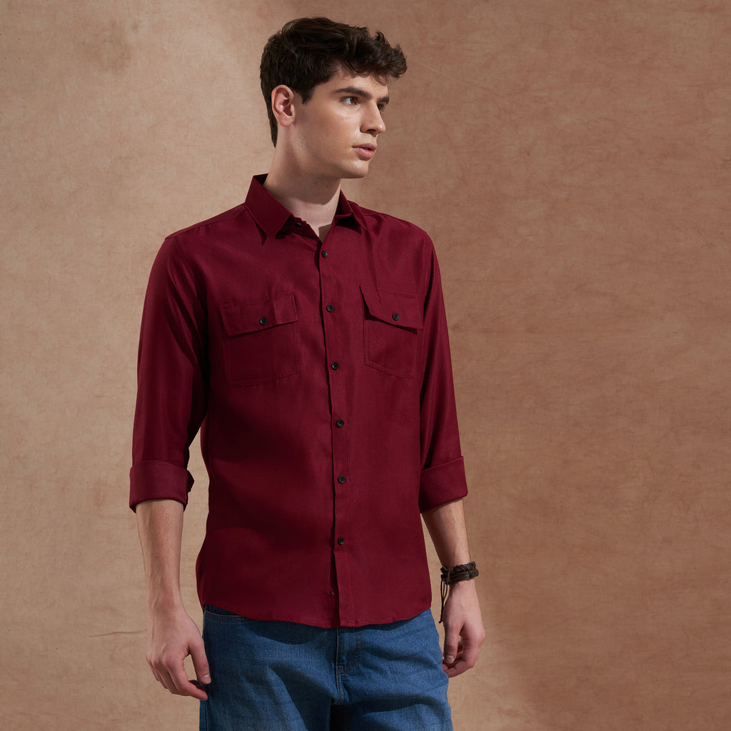 Men Burgundy Solid Spread Collar Slim Fit Casual Shirt with Dual Flap Pockets