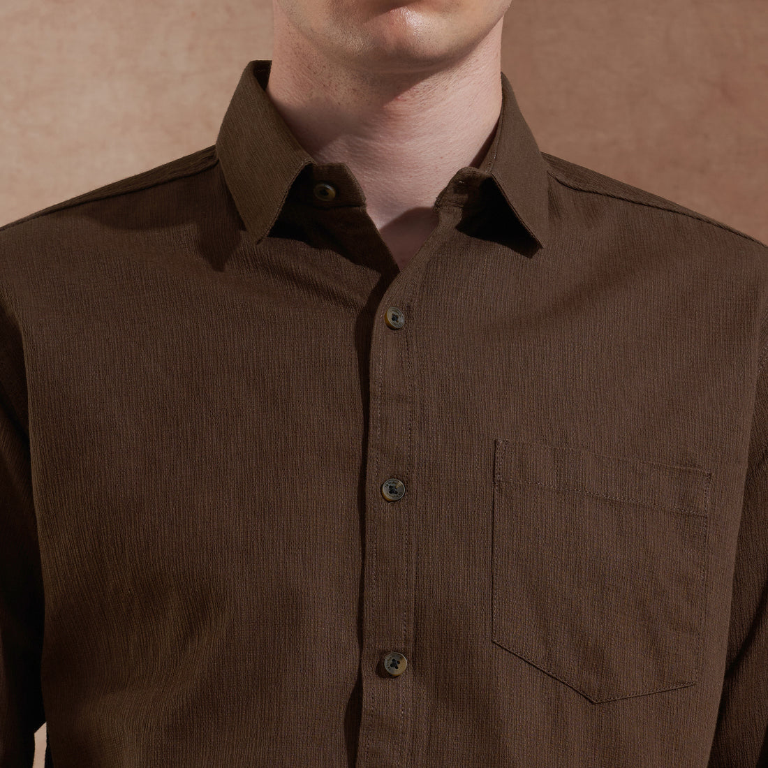 Men Dark Brown Solid Spread Collar Slim Fit Casual Shirt