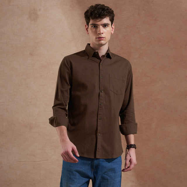 Men Dark Brown Solid Spread Collar Slim Fit Casual Shirt