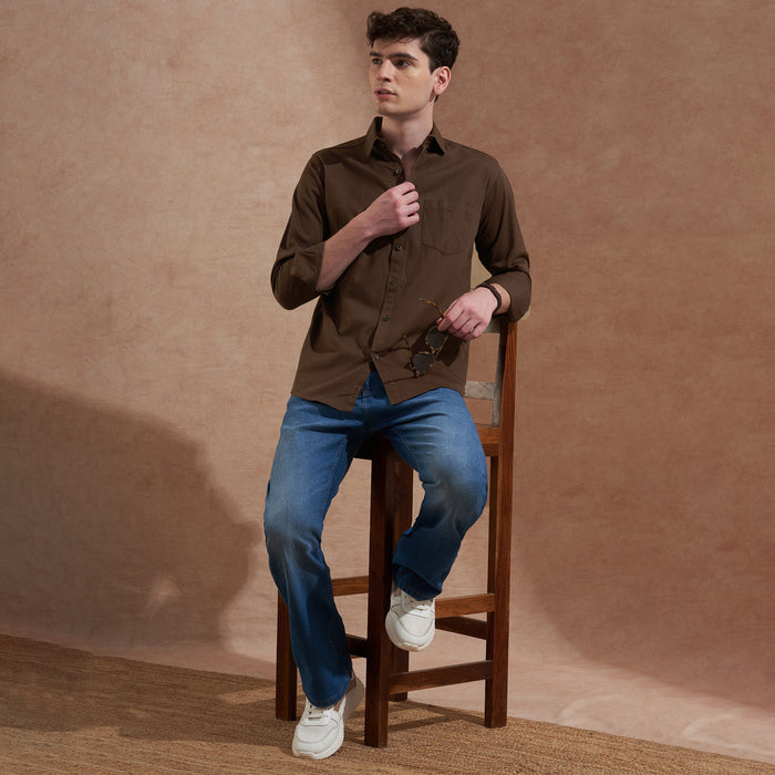 Men Dark Brown Solid Spread Collar Slim Fit Casual Shirt 2