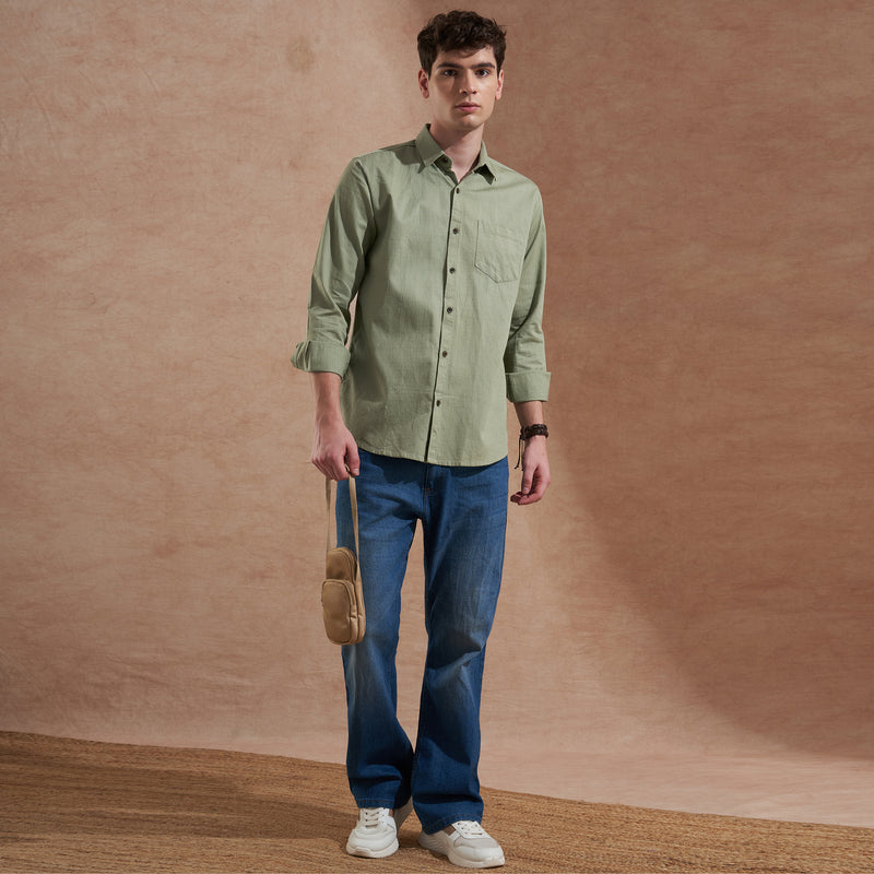 Men Light Green Solid Spread Collar Slim Fit Casual Shirt 7