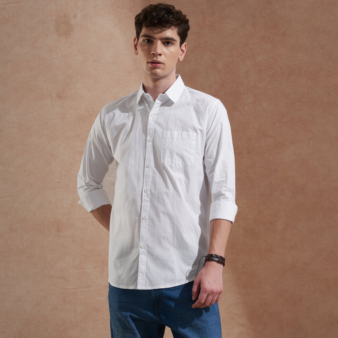White cotton-blend slim-fit shirt for men product view