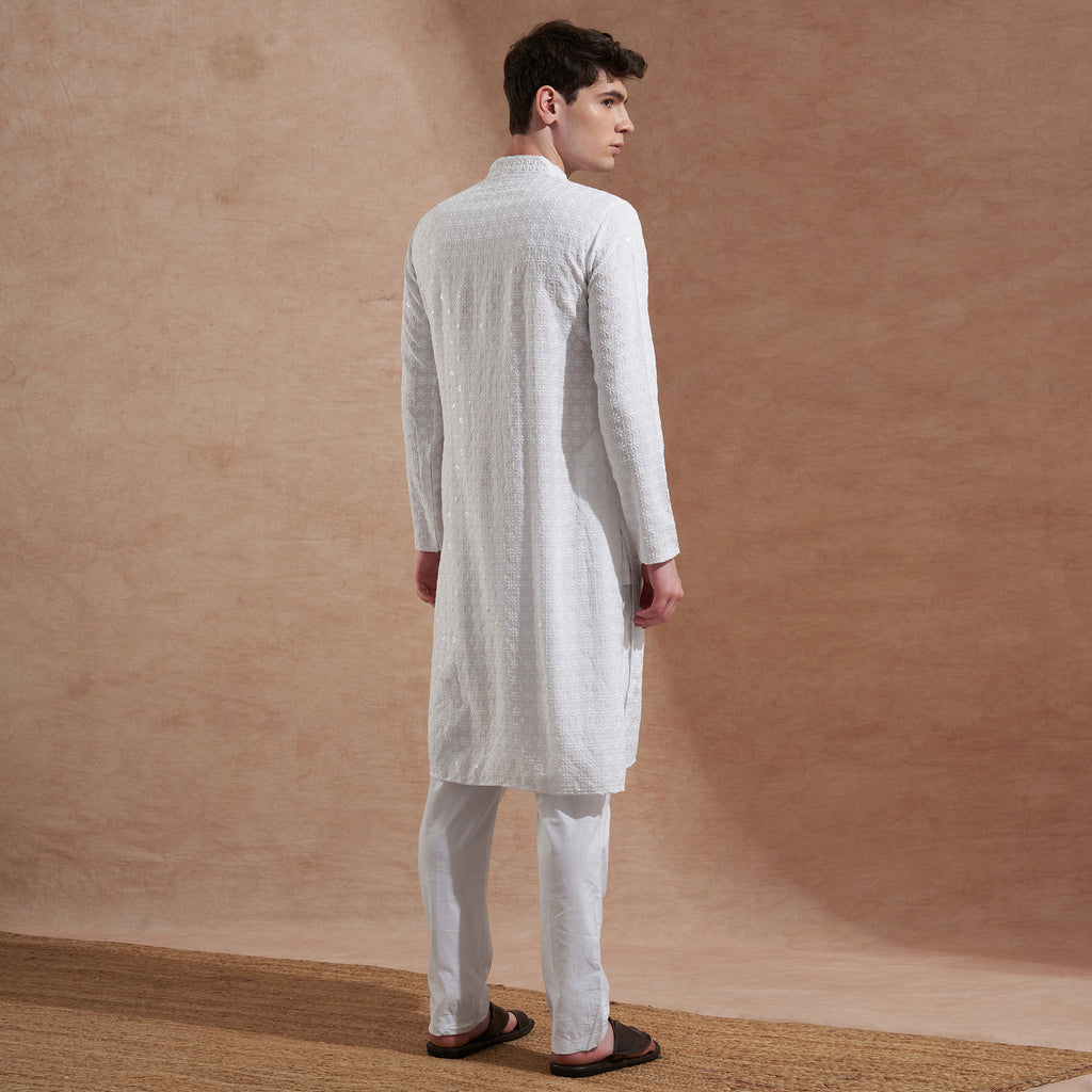 Men White Chikankari Embroidered Kurta | Mandarin Collar | Straight Fit
